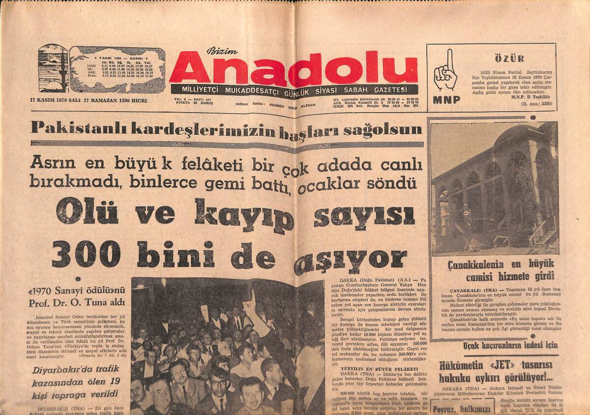 Bizim Anadolu Gazetesi 17 Kasım 1970 - Pakistan'da Ölü Ve Kayıp Sayısı 300 Bini de Aşıyor GZ140803 - 1
