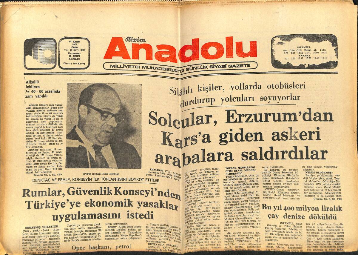 Bizim Anadolu Gazetesi 17 Kasım 1978 - Solcular Erzurum'dan Kars'a Giden Otobüse Saldırdılar - Sovyet Savaş Gemileri İstanbul'a Geldi GZ141021 - 1