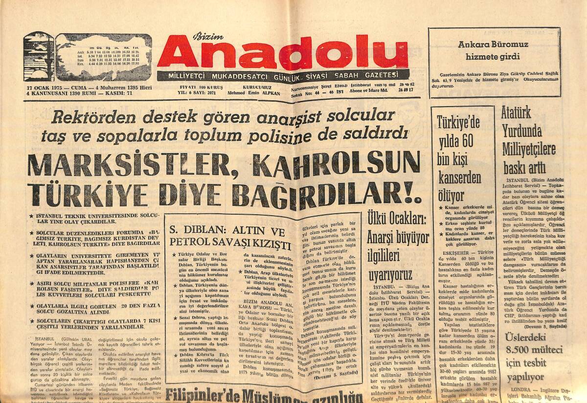 Bizim Anadolu Gazetesi 17 Ocak 1975 - Marksistler Kahrolsun Türkiye Diye Bağırdılar! - Atatürk Yurdunda Milliyetçilere Baskı Arttı GZ139013 - 1