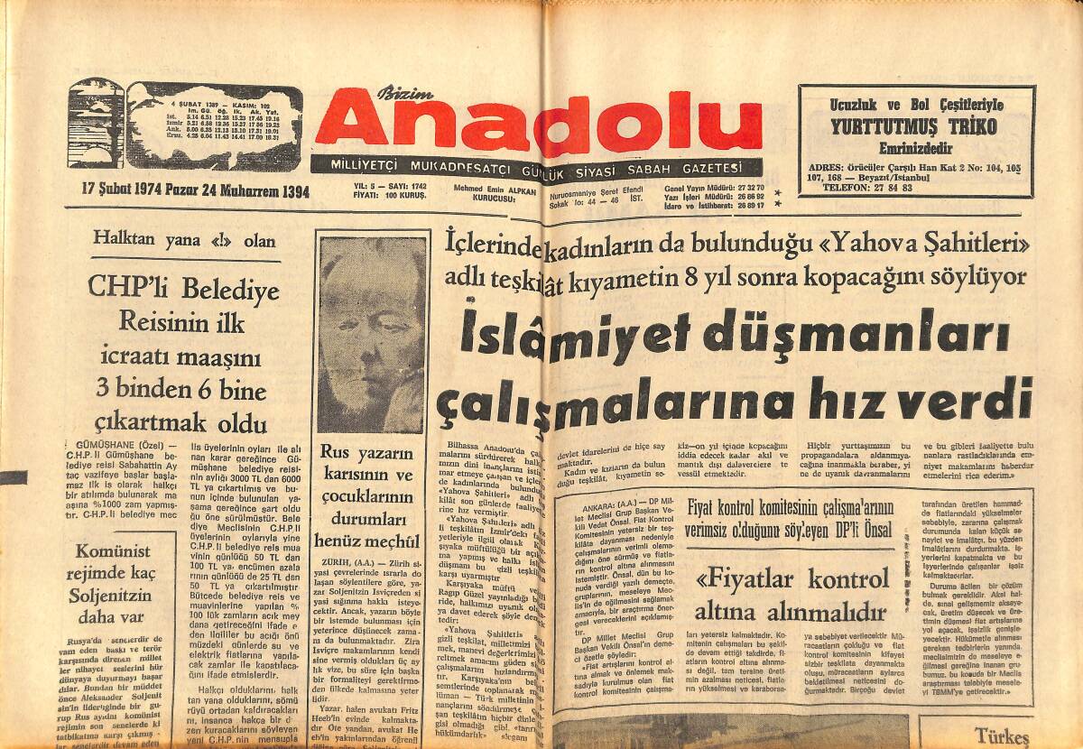 Bizim Anadolu Gazetesi 17 Şubat 1974 - İslamiyet Düşmanları Çalışmalarına Hız Verdi - Ölümünün 104. Yıldönümünde Şeyh Şamil GZ140740 - 1