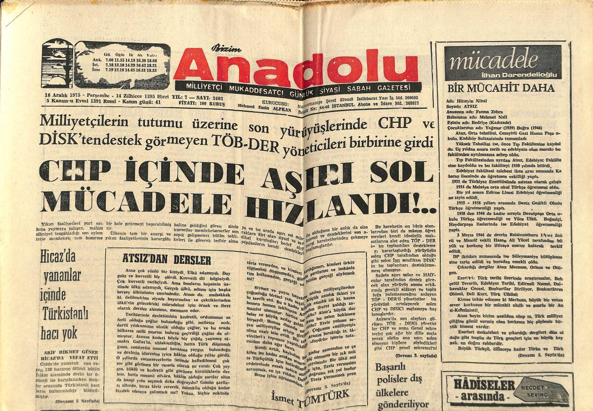 Bizim Anadolu Gazetesi 18 Aralık 1975 - CHP İçinde Aşırı Sol Mücadele Hızlandı! - Ülkücülere Keyfi Baskı Yapılıyor GZ140715 - 1