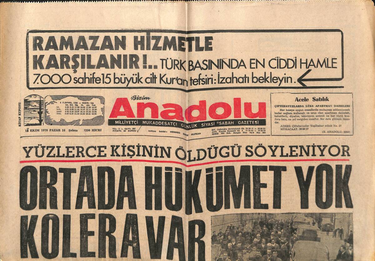 Bizim Anadolu Gazetesi 18 Ekim 1970 - Sağlık Bakanı Özkan'ın Yüce Divan'a Sevki İstendi - Balcıoğlu İle Bir Konuşma - İstanbul Tarihinde Kolera... GZ140677 - 1