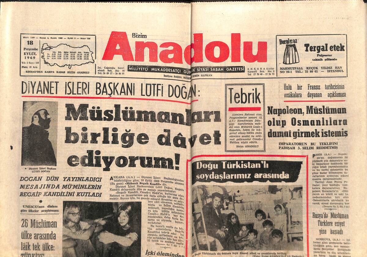 Bizim Anadolu Gazetesi 18 Eylül 1969 - 29 Türk İşçisi İtalya'da Tutuklandı - Bursa'da Menderes İçin Okunan Mevlit Çok Muhteşem Oldu GZ141080 - 1