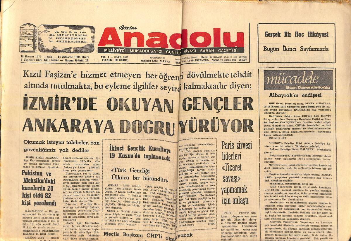 Bizim Anadolu Gazetesi 18 Kasım 1975 - Paris Zirvesi Liderleri Ticaret Savaşı Yapmamak İçin Anlaştı - İkinci Gençlik Kurultayı 19 Kasım'da Toplanacak GZ138892 - 1