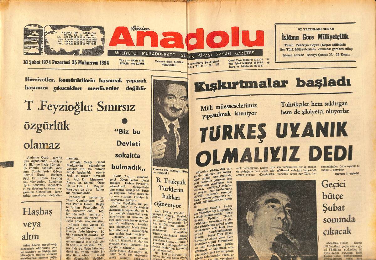 Bizim Anadolu Gazetesi 18 Şubat 1974 - Batı Trakyalı Türklerin Hakları Çiğneniyor - Oynaması İstenilen Pele Zirvedeki Günlerinde Omuzlarda GZ140739 - 1