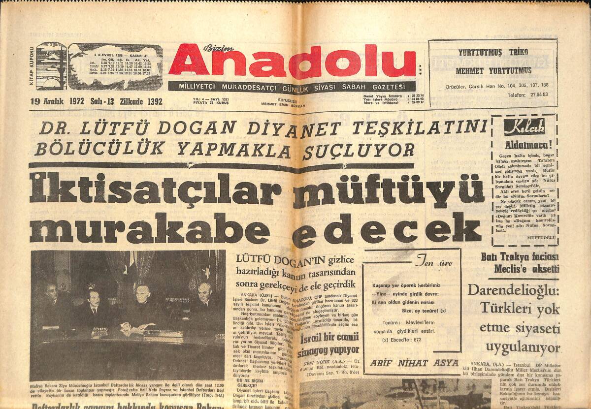 Bizim Anadolu Gazetesi 19 Aralık 1972 - Işık Lisesi'nin 87.Kuruluşu Kutlandı - İktisatçılar Müftüyü Murakabe Edecek GZ140847 - 1