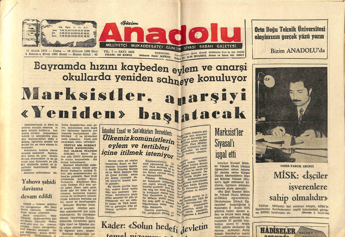 Bizim Anadolu Gazetesi 19 Aralık 1975 - Marksistler Anarşiyi Yeniden Başlatacak - Türkiye'de Milliyetçilik Hareketleri GZ140716 - 1