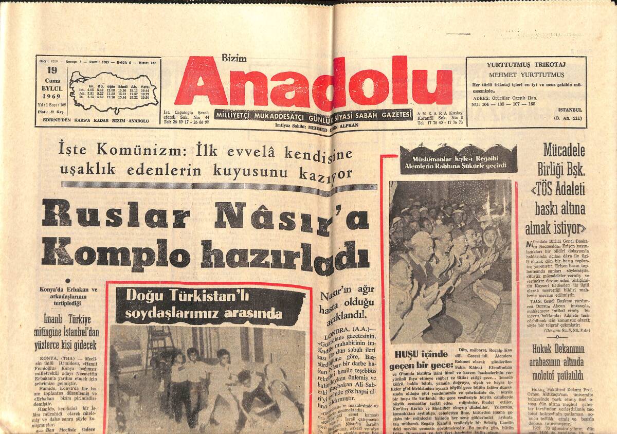 Bizim Anadolu Gazetesi 19 Eylül 1969 - Ruslar Nasır'a Komplo Hazırladı - Futbol Federasyonu İstanbul'da Toplanacak GZ141073 - 1