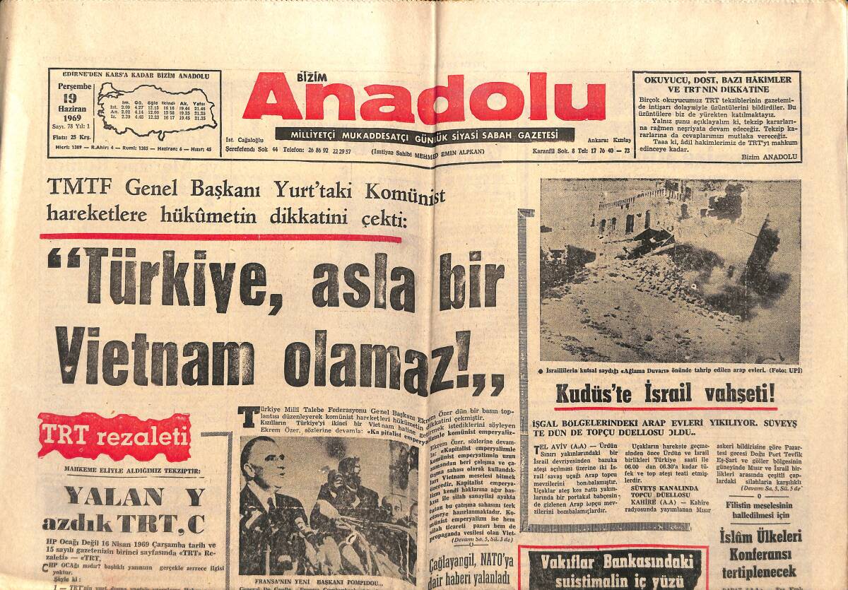 Bizim Anadolu Gazetesi 19 Haziran 1969 - Kudüs'e İsrail Vahşeti ! - Ticaret Bakanlığı Batur'un Emrinde Mi ? GZ140807 - 1