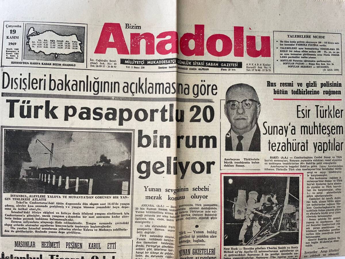 Bizim Anadolu Gazetesi 19 Kasım 1969 - Esir Türkler Sunay'a Muhteşem Tezahürat Yaptılar - Bugün Ay'a İkinci Kez Ayak Basılıyor GZ140978 - 1