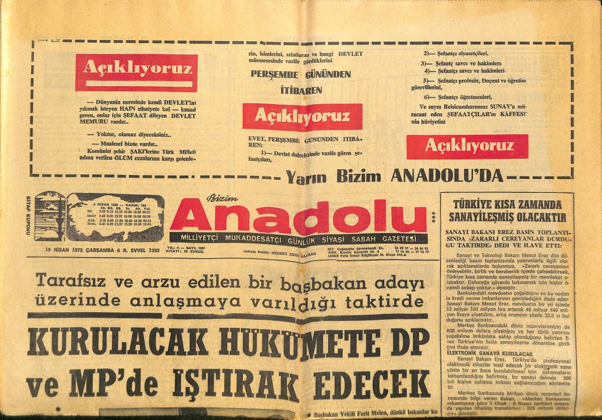 Bizim Anadolu Gazetesi 19 Nisan 1972 - Kurulacak Hükümete DP Ve MP'de İştirak Edecek - Apollo-16'da Yeniden Bir Arıza Belirdi GZ149835 - 1