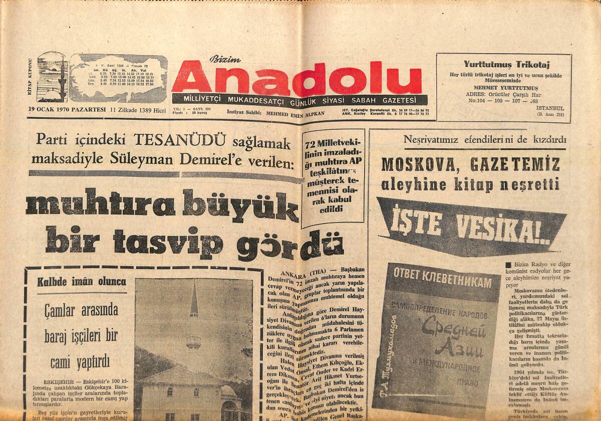 Bizim Anadolu Gazetesi 19 Ocak 1970 - Muhtıra Büyük Bir Tasvip Gördü - Ruslar Meşruiyet Mücadelesine Davet Edildi! GZ139020 - 1