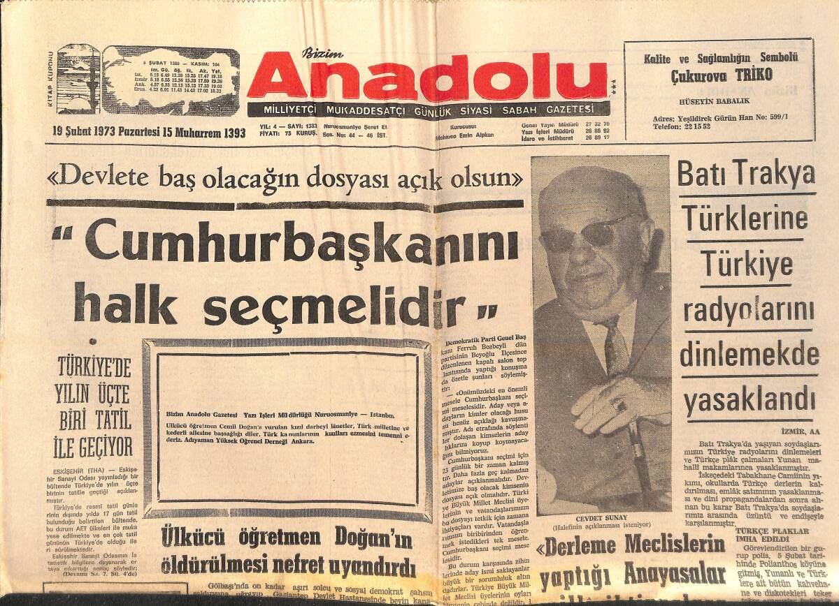 Bizim Anadolu Gazetesi 19 Şubat 1973 - Batı Trakya Türklerine Türkiye Radyolarını Dinlemekde Yasaklandı GZ138858 - 1