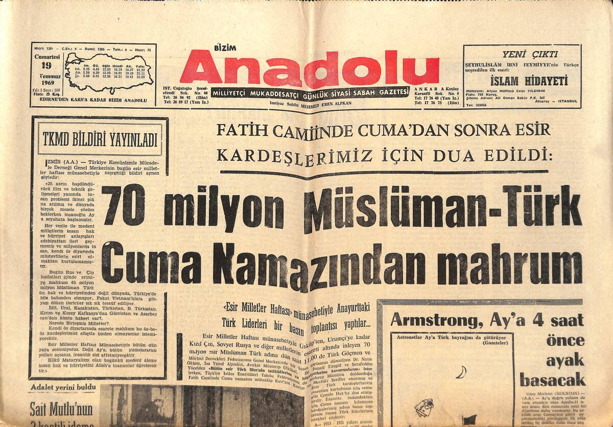 Bizim Anadolu Gazetesi 19 Temmuz 1969 - 70 Milyon Müslüman-Türk Cuma Namazından Mahrum - TÖS'lüler Kayseri'de Kahvelere Sokulmuyor GZ149401 - 1