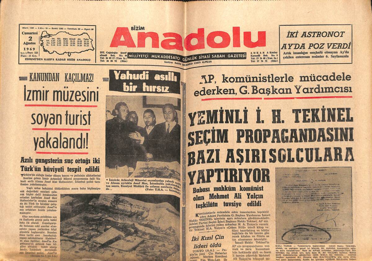 Bizim Anadolu Gazetesi 2 Ağustos 1969 - Armstrong İle Aldrin Ay'da Hatıra Resmi Çektirdiler - İki Astronot Ay'da Poz Verdi - Nixon, Bugün Romanya'da GZ140996 - 1
