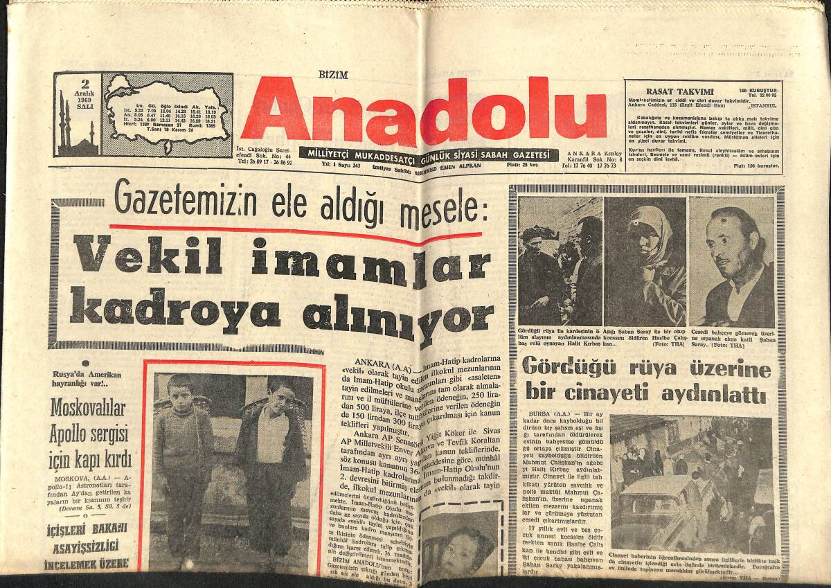 Bizim Anadolu Gazetesi 2 Aralık 1969 - Gördüğü Rüya Üzerine Bir Cinayeti Aydınlattı - Santos, Pele'ye Çengel Atıyor GZ140704 - 1