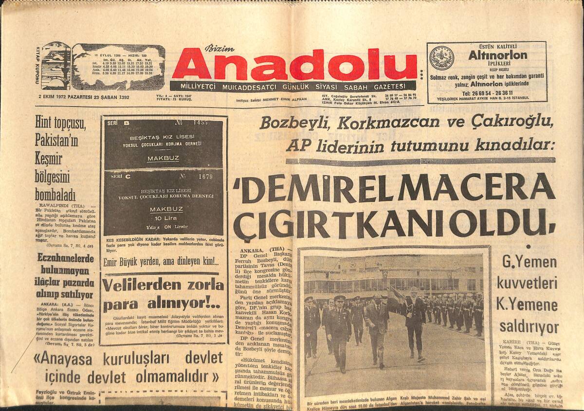 Bizim Anadolu Gazetesi 2 Ekim 1972 - Hint Topçusu, Pakistan'ın Keşmir Bölgesini Bombaladı - Sıkıyönetim Uzatılmasına Karşı Çıkan Ecevit Salondan Kaçtı GZ138907 - 1