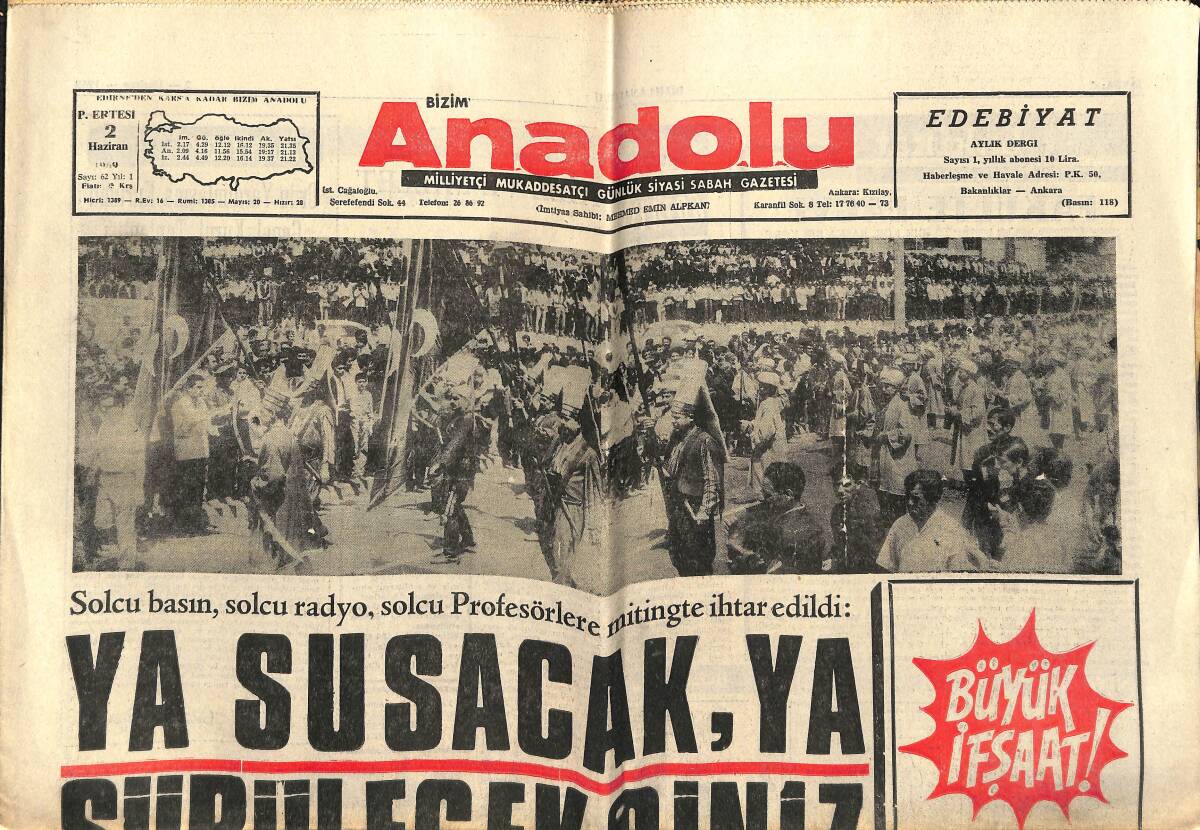 Bizim Anadolu Gazetesi 2 Haziran 1969 - Solcu Basın, Radyo, Profesörlere Mitingde İthar Edildi: Ya Susacak, Ya Sürüleceksiniz GZ141041 - 1