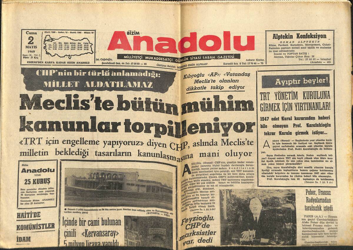 Bizim Anadolu Gazetesi 2 Mayıs 1969 - Mecliste Bütün Mühim Kanunlar Torpilleniyor - Feyzioğlu, CHP'DE Marksistler Var Dedi GZ141040 - 1