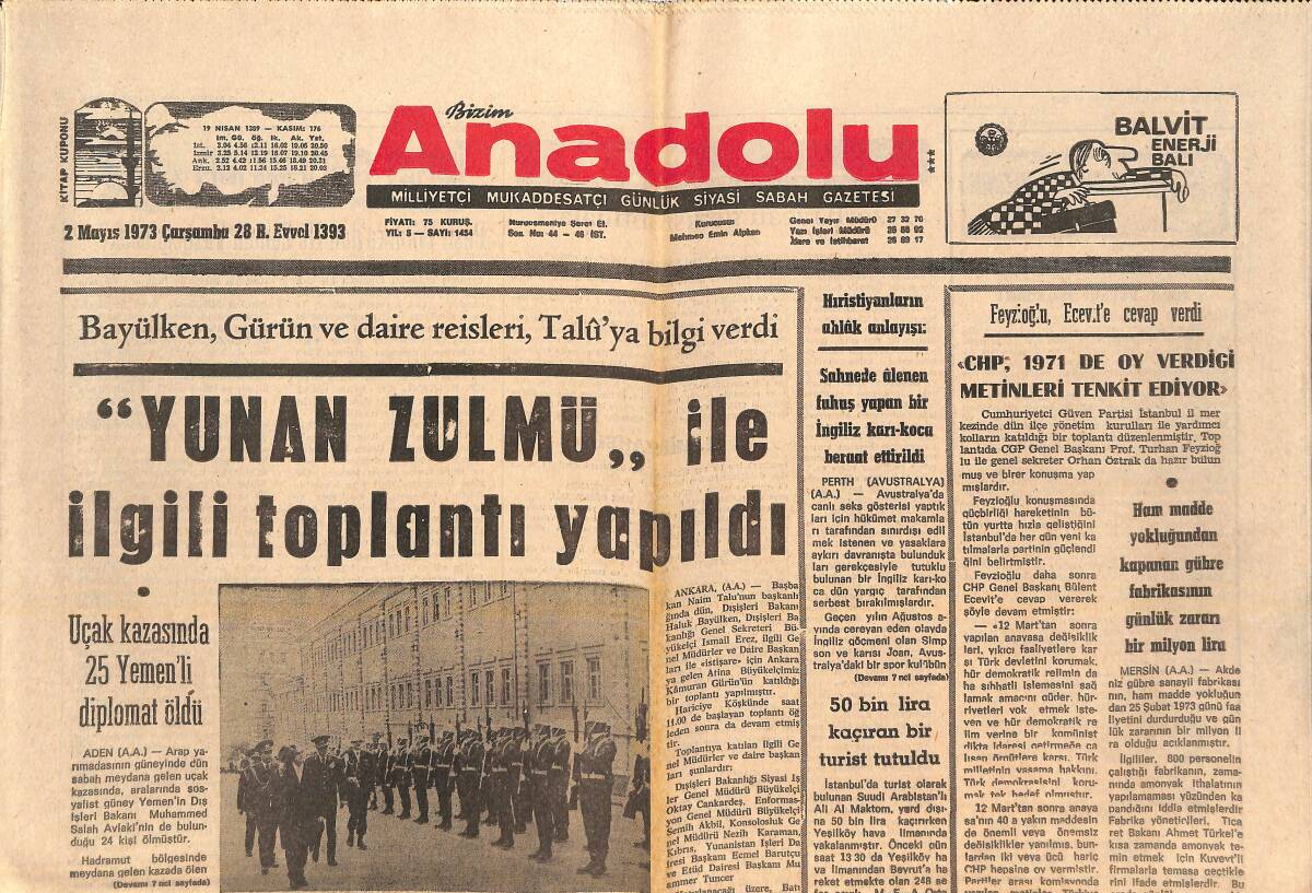 Bizim Anadolu Gazetesi 2 Mayıs 1973 - Yunan Zulmü İle İlgili Toplantı Yapıldı - Milli Takımı Yarın Macaristan'a Uğurluyoruz GZ138986 - 1