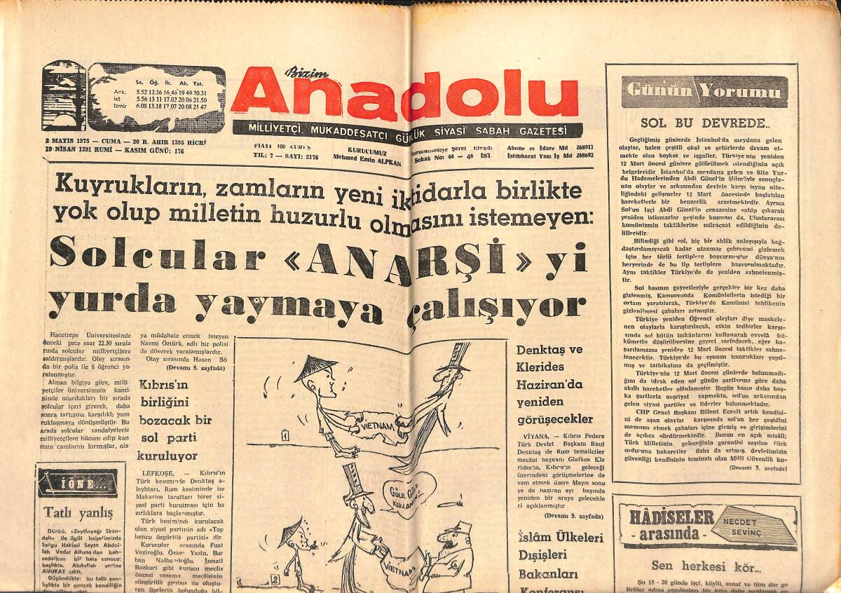 Bizim Anadolu Gazetesi 2 Mayıs 1975 - S.Sancar İzmir'e Gitti - Solcular Anarşiyi Yurda Yaymaya Başlıyor GZ140823 - 1