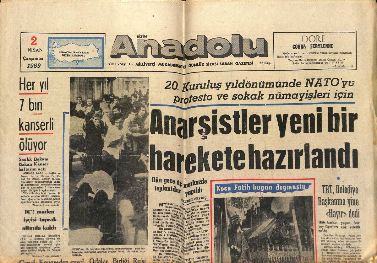 Bizim Anadolu Gazetesi 2 Nisan 1969 - Anarşistler Yeni Bir Harekete Hazırlandı - Sırrı Enver Batur Düşürüldü Mü? - Demirel Nixon İle Görüştü! GZ140633 - 1