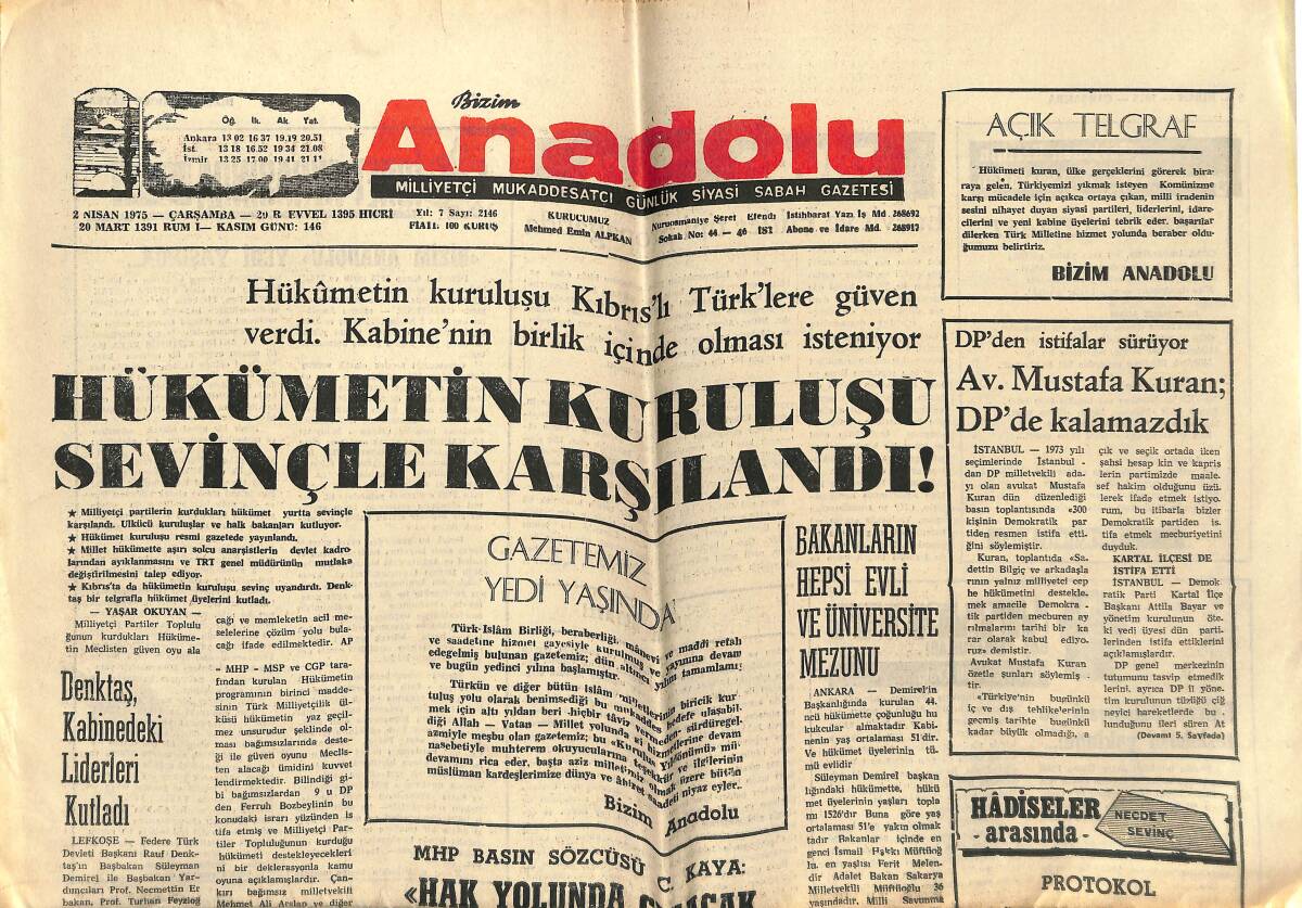 Bizim Anadolu Gazetesi 2 Nisan 1975 - Hükümetin Kuruluşu Sevinçle Karşılandı! - DP'Lİ Seçmen Nazım Baş'ın DP'DEN İstifasını İstiyor! GZ140695 - 1