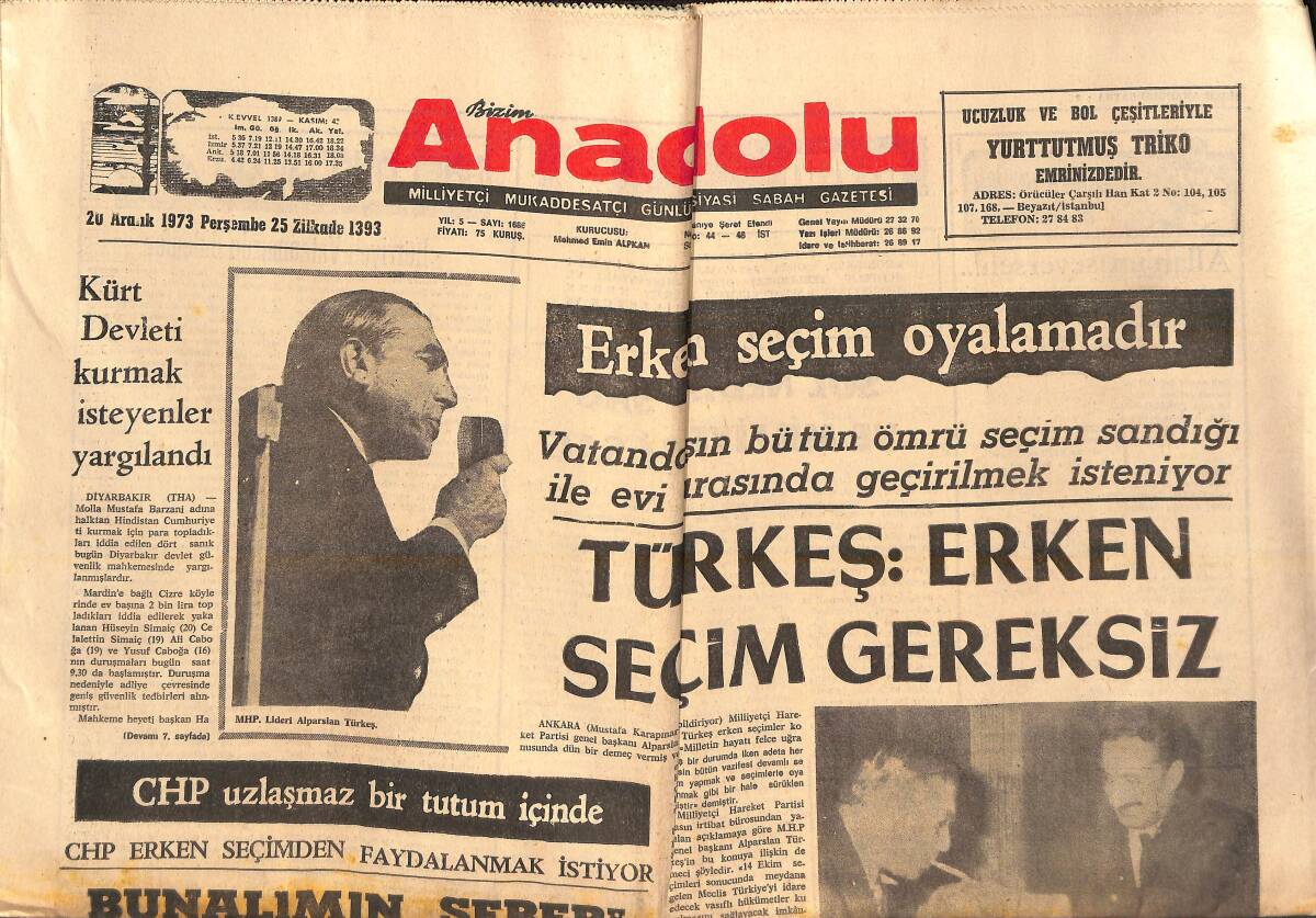 Bizim Anadolu Gazetesi 20 Aralık 1973 - Türkeş 