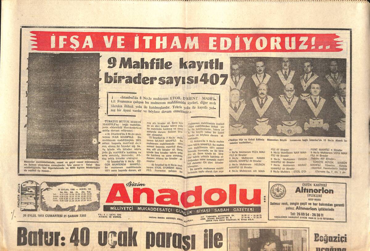 Bizim Anadolu Gazetesi 20 Eylül 1972 - Boğaziçi Uçağına Sabotaj Yapılmış - Afgan Milleti Türkün Yanındadır - Galatasaray Beşiktaş Yarına Hazır GZ138905 - 1