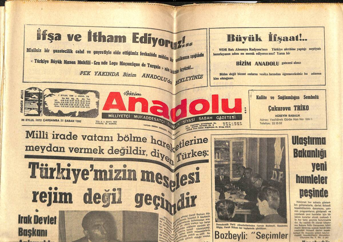Bizim Anadolu Gazetesi 20 Eylül 1972 - Sümerbank Grevi Ve Bazı Açıklamalar - Irak Devlet Başkanı Ankara'da GZ143107 - 1
