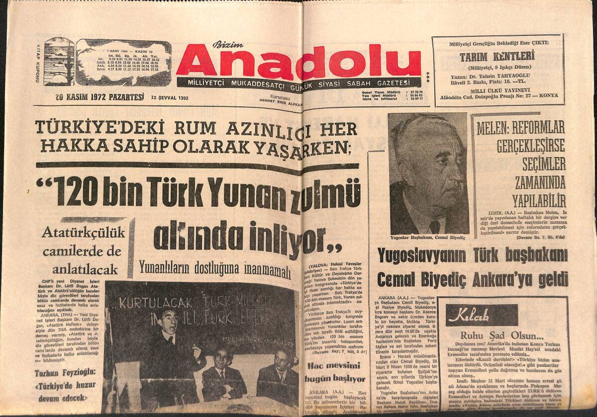 Bizim Anadolu Gazetesi 20 Kasım 1972 - Yugoslavyanın Türk Başbakanı Cemal Biyediç Ankara'ya Geldi GZ140812 - 1