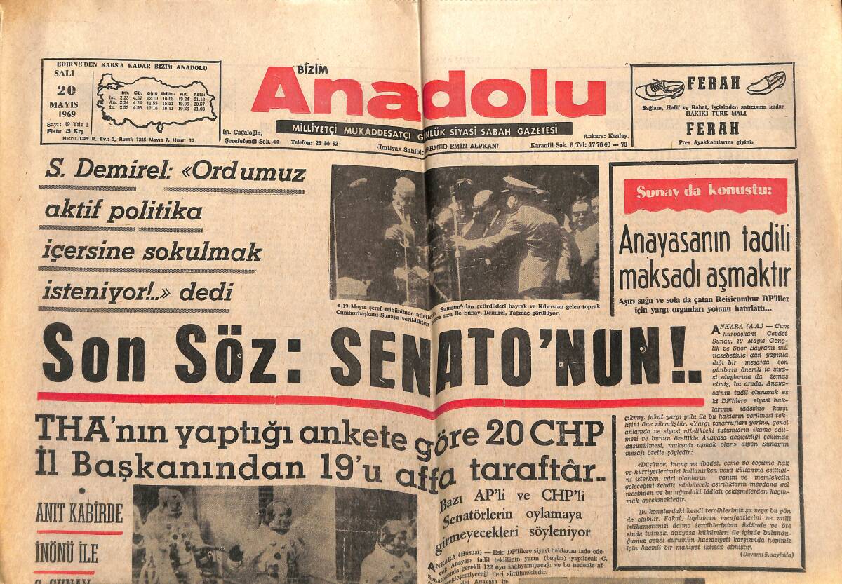 Bizim Anadolu Gazetesi 20 Mayıs 1969 - Apollo-10 Uçuşa Devam Ediyor... - Lemnitzer Veda İçin Ankara'ya Geldi GZ141082 - 1