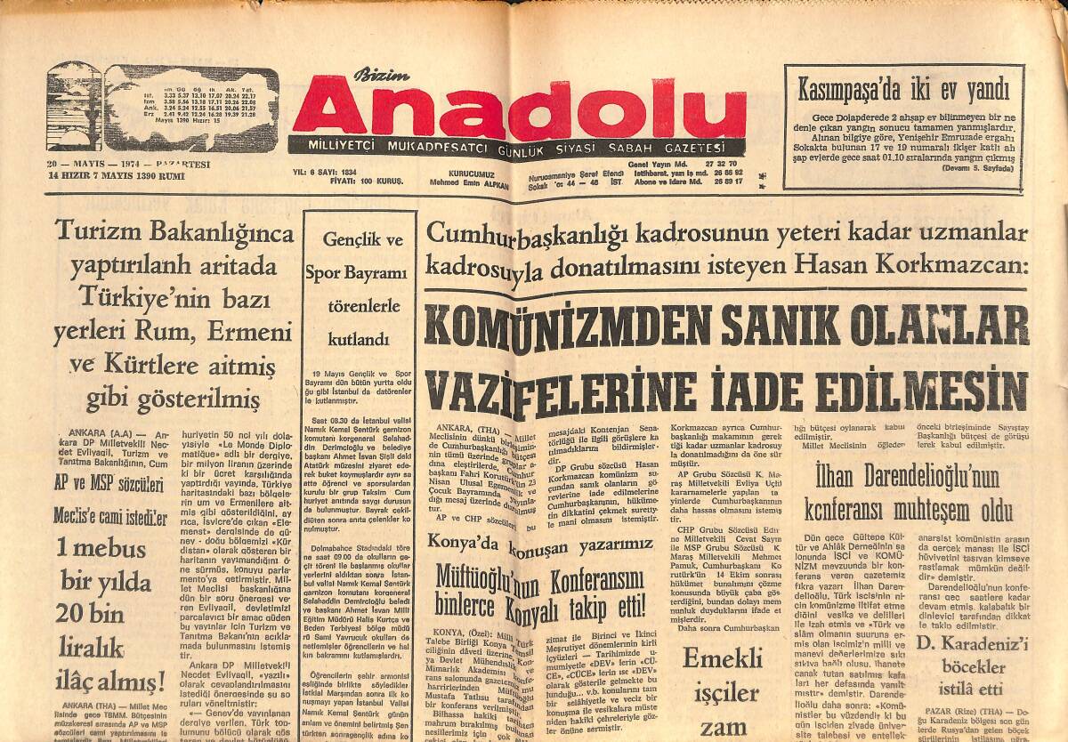 Bizim Anadolu Gazetesi 20 Mayıs 1974 - Komünizmden Sanık Olanlar Vazifelerine İade Edilmesin - Selahattin Kaya 