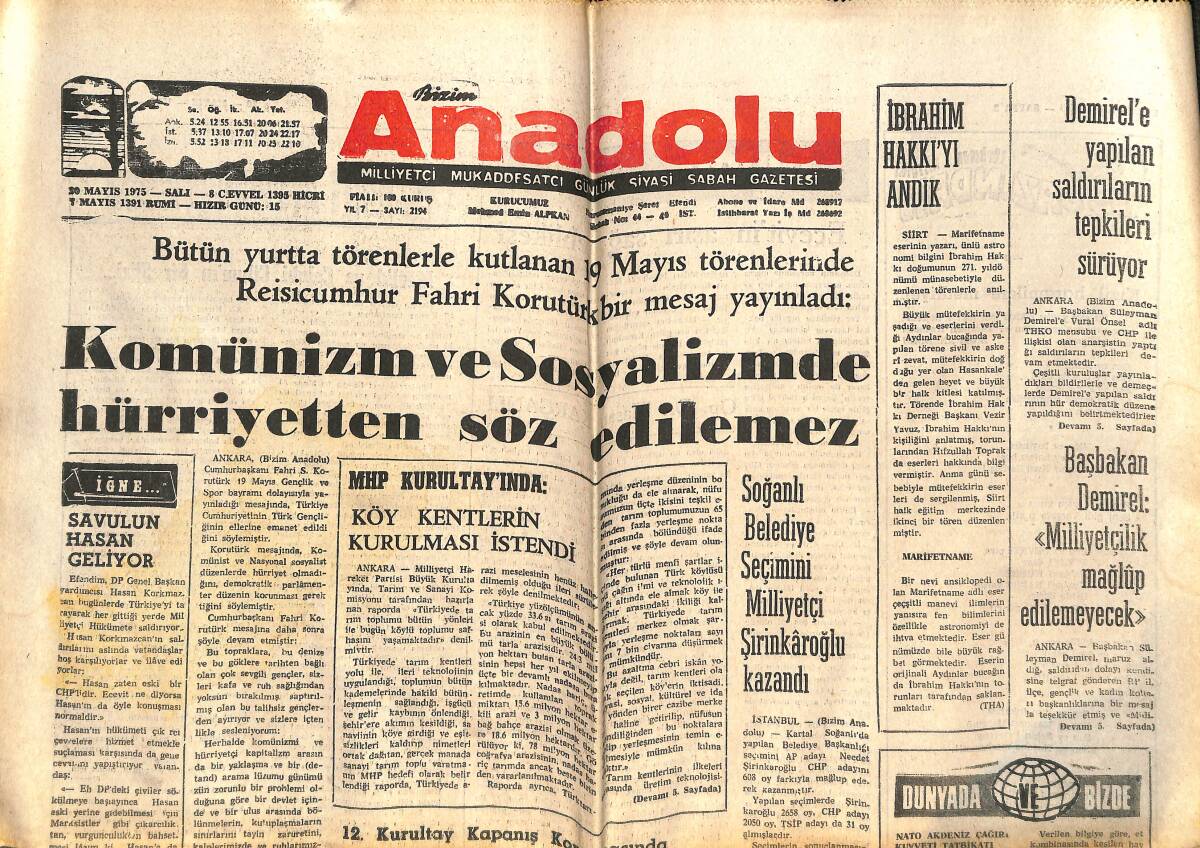 Bizim Anadolu Gazetesi 20 Mayıs 1975 - Ünlü Ressam Şeker Ahmet Paşa Anıldı GZ142917 - 1