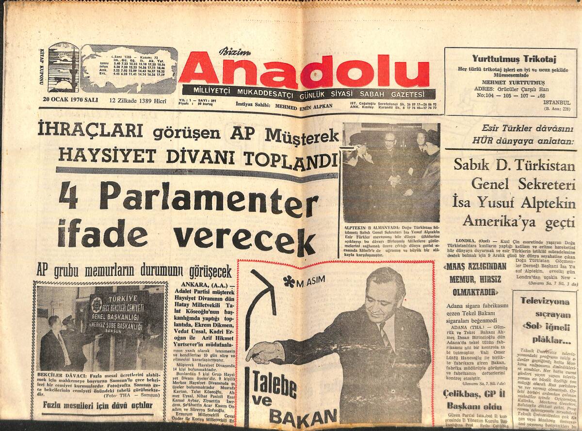 Bizim Anadolu Gazetesi 20 Ocak 1970 - 4 Parlamenter İfade Verecek - Boykotcu 40 Öğretmen Okulda Kavga Etti GZ139021 - 1