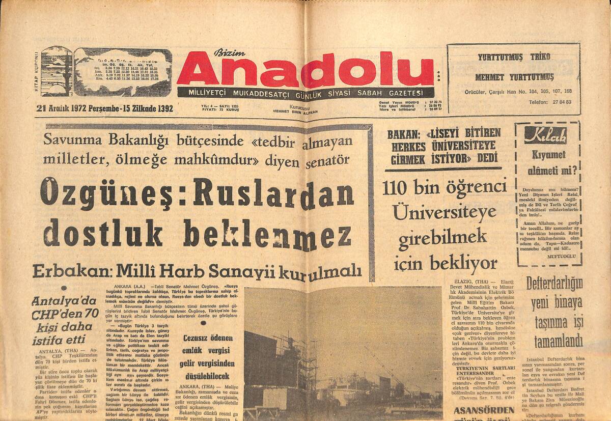 Bizim Anadolu Gazetesi 21 Aralık 1972 - Tunç Kemal Ve İsmet Nedim El Ele - Defterdarlığın Yeni Binaya Taşınma İşi Tamamlandı GZ140849 - 1