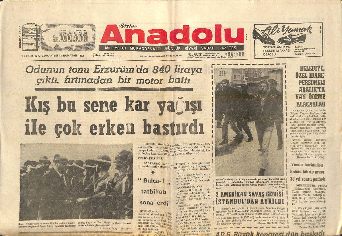 Bizim Anadolu Gazetesi 21 Ekim 1972 - 2 Amerikan Savaş Gemisi İstanbul'dan Ayrıldı - Türk Silahlı Kuvvetleri Kuşku Kaynağı Değildir GZ138944 - 1