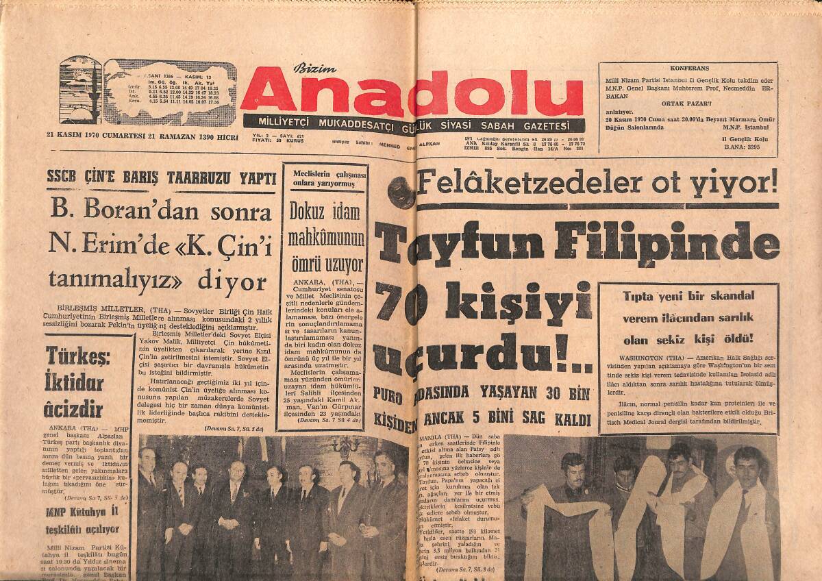 Bizim Anadolu Gazetesi 21 Kasım 1970 - İsrail'de Kolera Hızla Gelişiyor - Peygamberimizi Teyzit Eden Bir Gazete Tel'in Edildi GZ140988 - 1