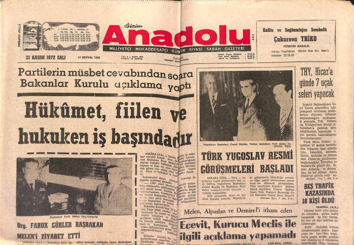 Bizim Anadolu Gazetesi 21 Kasım 1972 - Türk Yugoslav Resmi Görüşmeleri Başladı - THY , Hicaz'a Günde 7 Uçak Seferi Yapacak GZ140809 - 1