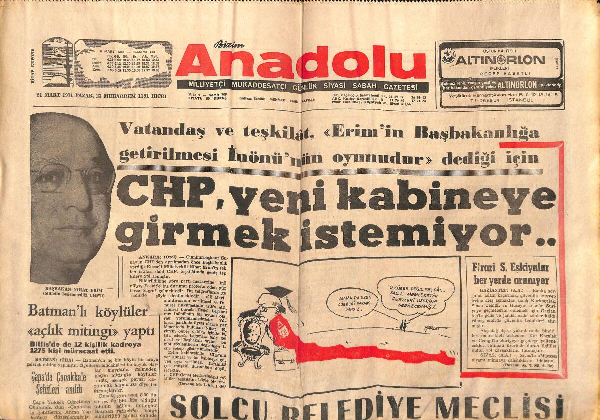 Bizim Anadolu Gazetesi 21 Mart 1971 - Buhranlı Günlerin Yahudi Temsilcileri - Solcu Belediye Meclisi Zam Furyasına Başladı GZ140748 - 1
