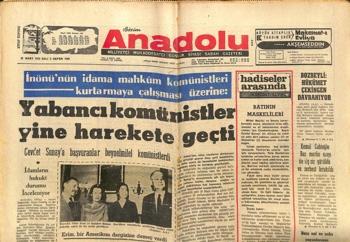 Bizim Anadolu Gazetesi 21 Mart 1972 - CHP'liler Patiden Kitle Halinde İstifaya Başladı - İdamların Hukuki Durumu İnceleniyor GZ149824 - 1
