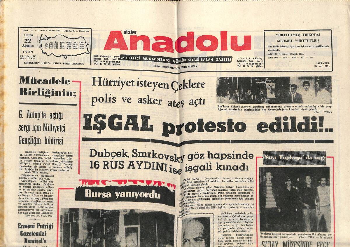 Bizim Anadolu Gazetesi 22 Ağustos 1969 - Hürriyet İsteyen Çeklere Polis Ve Asker Ateş Açtı - Metin Oktay'ın Jübile Maçı Yarın Akşam GZ140728 - 1