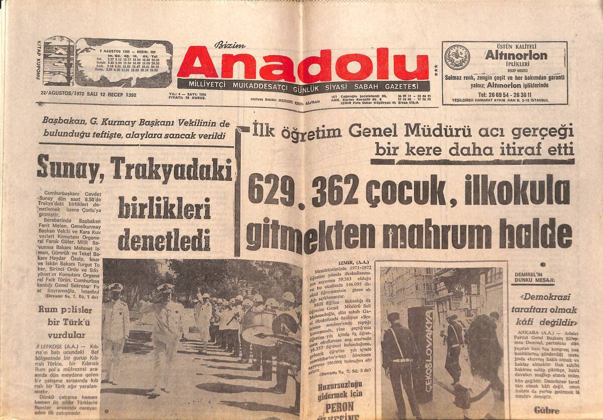 Bizim Anadolu Gazetesi 22 Ağustos 1972 - Rum Polisler Bir Türk'ü Vurdular - Ermeni Mahallelerinde Bir Çok Fedaimiz Var GZ138935 - 1
