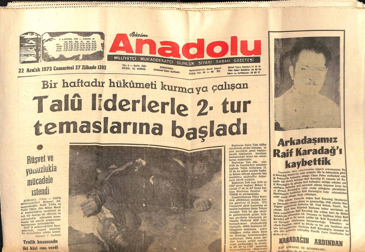 Bizim Anadolu Gazetesi 22 Aral 1973 - Raif Karadağ'ı Kaybettik - Londra'da Bombalar Patlıyor - 10 Yıl Önceki Rum Canavarlıkları GZ138783 - 1