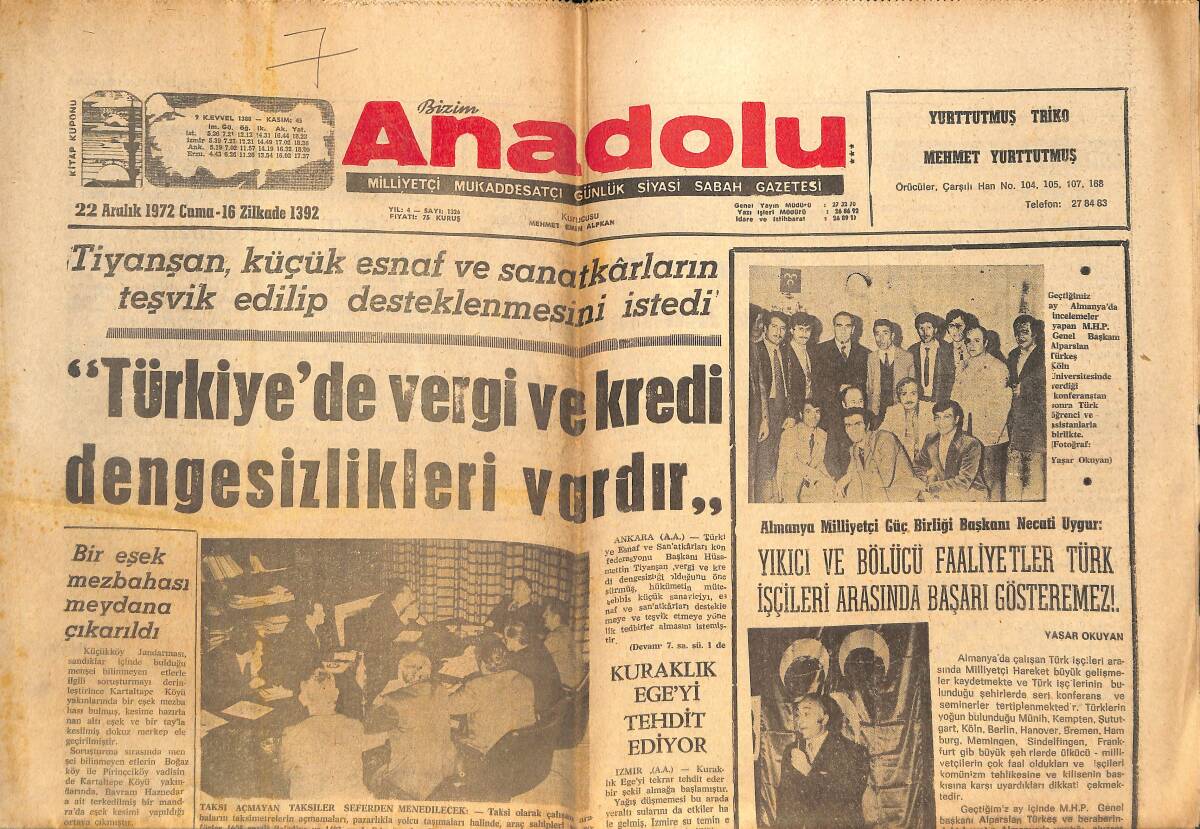 Bizim Anadolu Gazetesi 22 Aralık 1972 - Kuraklık Ege'yi Tehdit Ediyor - Konya'da 6 Dükkan Yandı GZ140848 - 1