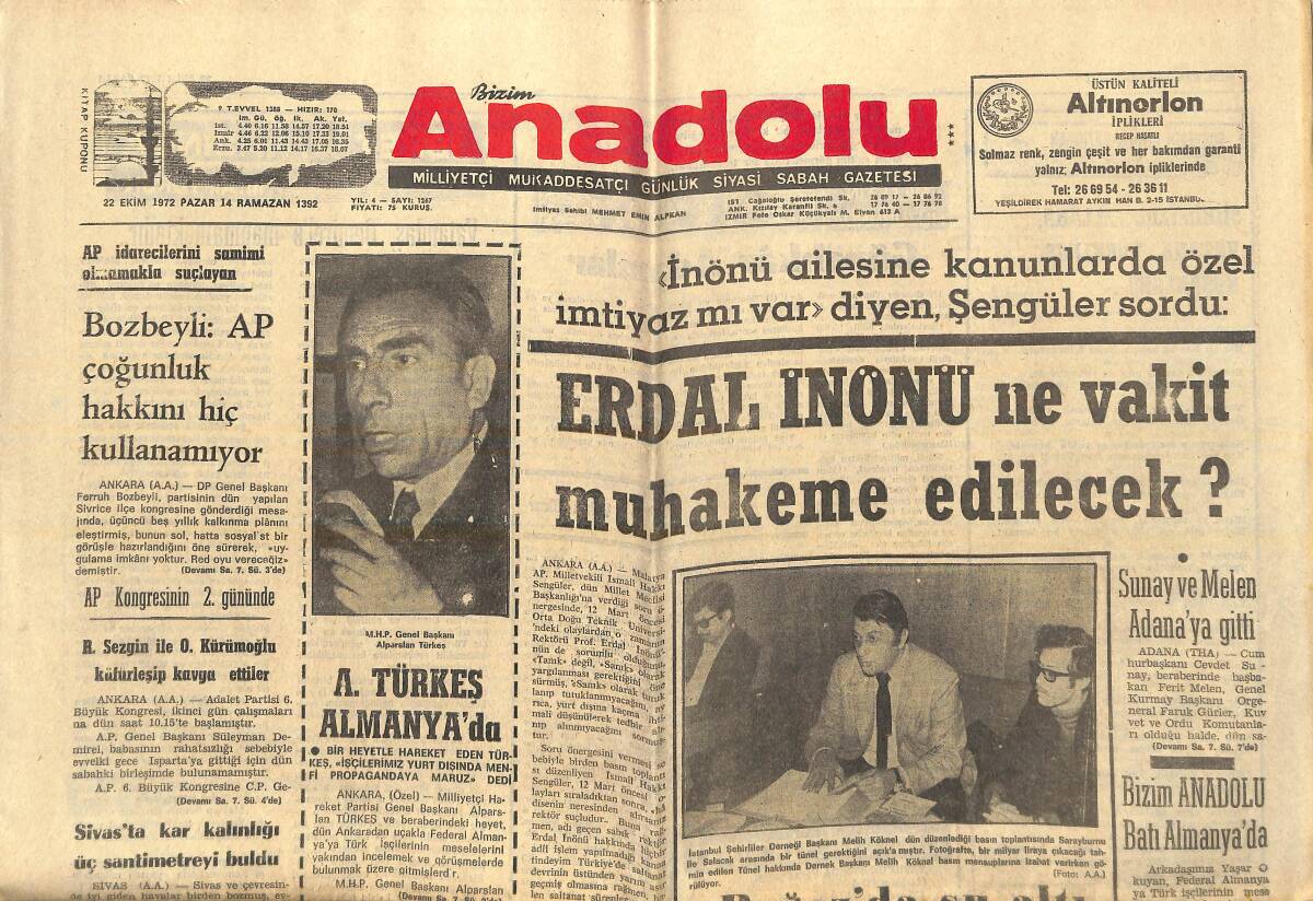 Bizim Anadolu Gazetesi 22 Ekim 1972 - Bozbeyli 