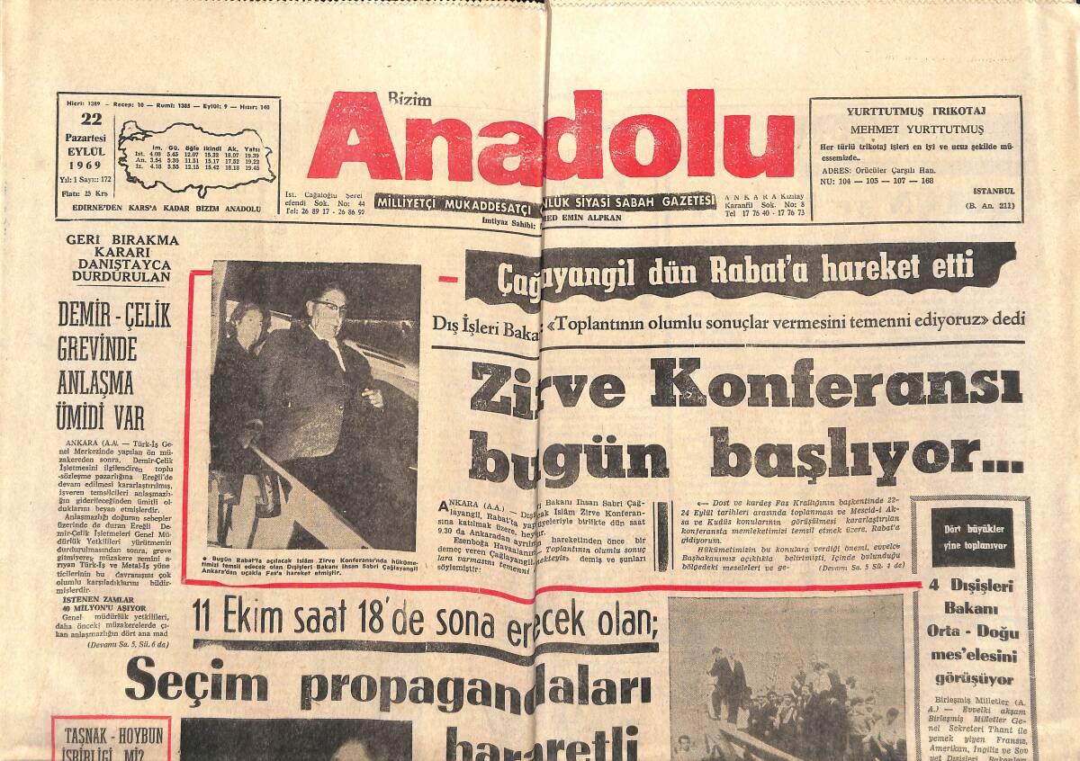 Bizim Anadolu Gazetesi 22 Eylül 1969 - MTTB , Evvelki Gece Tekrar Bombalandı... - Fenerbahçe Zor Kurtuldu GZ141077 - 1