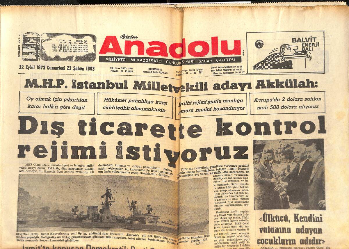 Bizim Anadolu Gazetesi 22 Eylül 1973 - Tahsin Öz'ü Kaybettik - Galatasaray Metin Oktay Problemini Halledecek - Fransa Bolivya'da Petrol Arayacak GZ138960 - 1