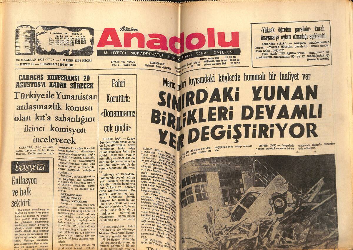 Bizim Anadolu Gazetesi 22 Haziran 1974 - Sınırdaki Yunan Birlikleri Devamlı Yer Değiştiriyor - Pele: Bremner Kupanın Yıldızlarından Biridir GZ148914 - 1