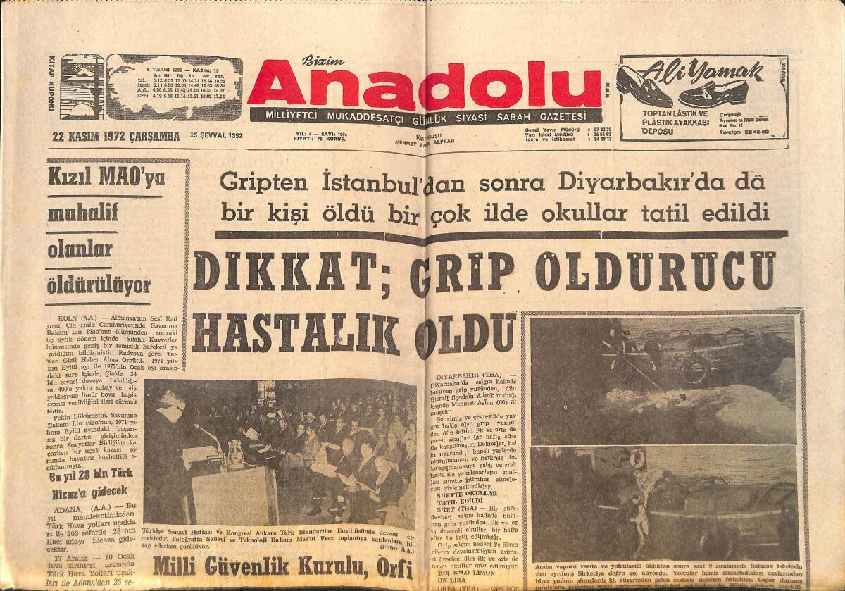 Bizim Anadolu Gazetesi 22 Kasım 1972 - Dikkat ; Grip Öldürücü Hastalık Oldu - CHP ; Malatya Ve Elazığ'da Çöktü GZ140858 - 1